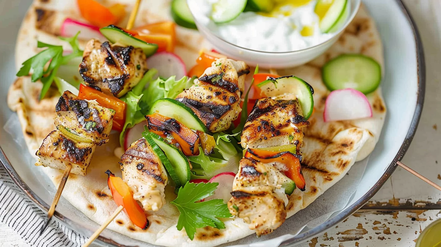Grilled Chicken Skewer Flatbread Wrap With Yogurt and Veggies