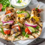 Grilled Chicken Skewer Flatbread Wrap With Yogurt and Veggies