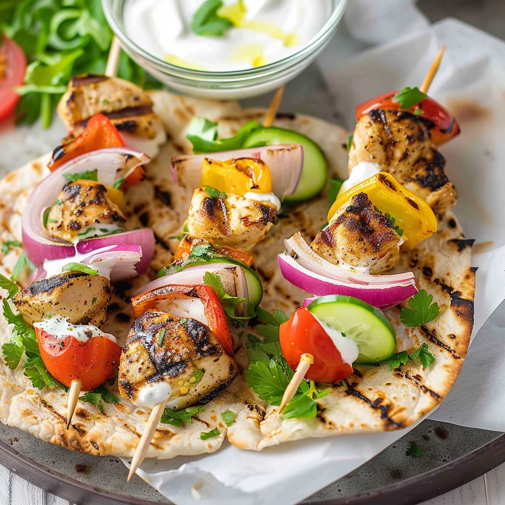 Grilled Chicken Skewer Flatbread Wrap With Yogurt and Veggies