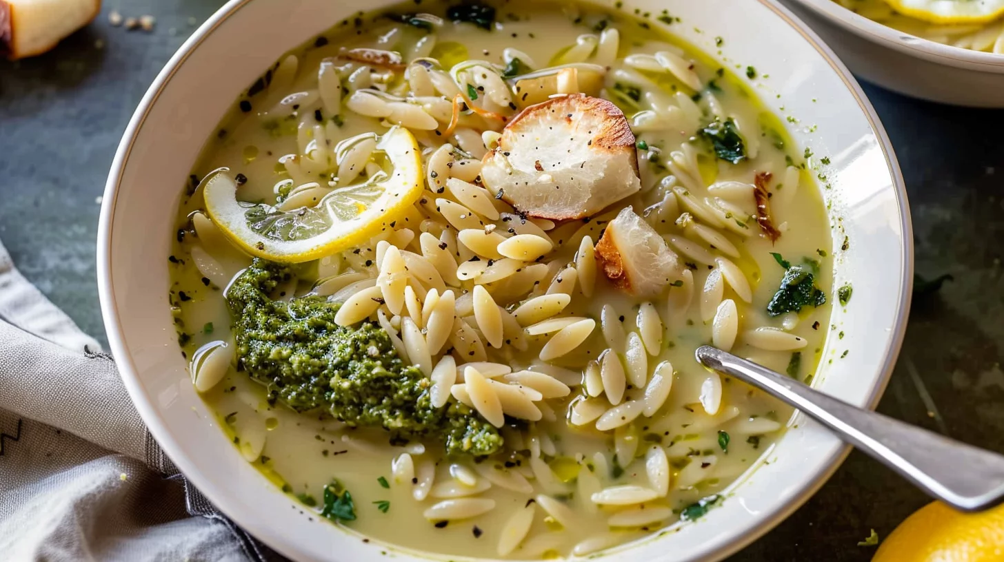Creamy White Bean Lemon Pesto Orzo Soup