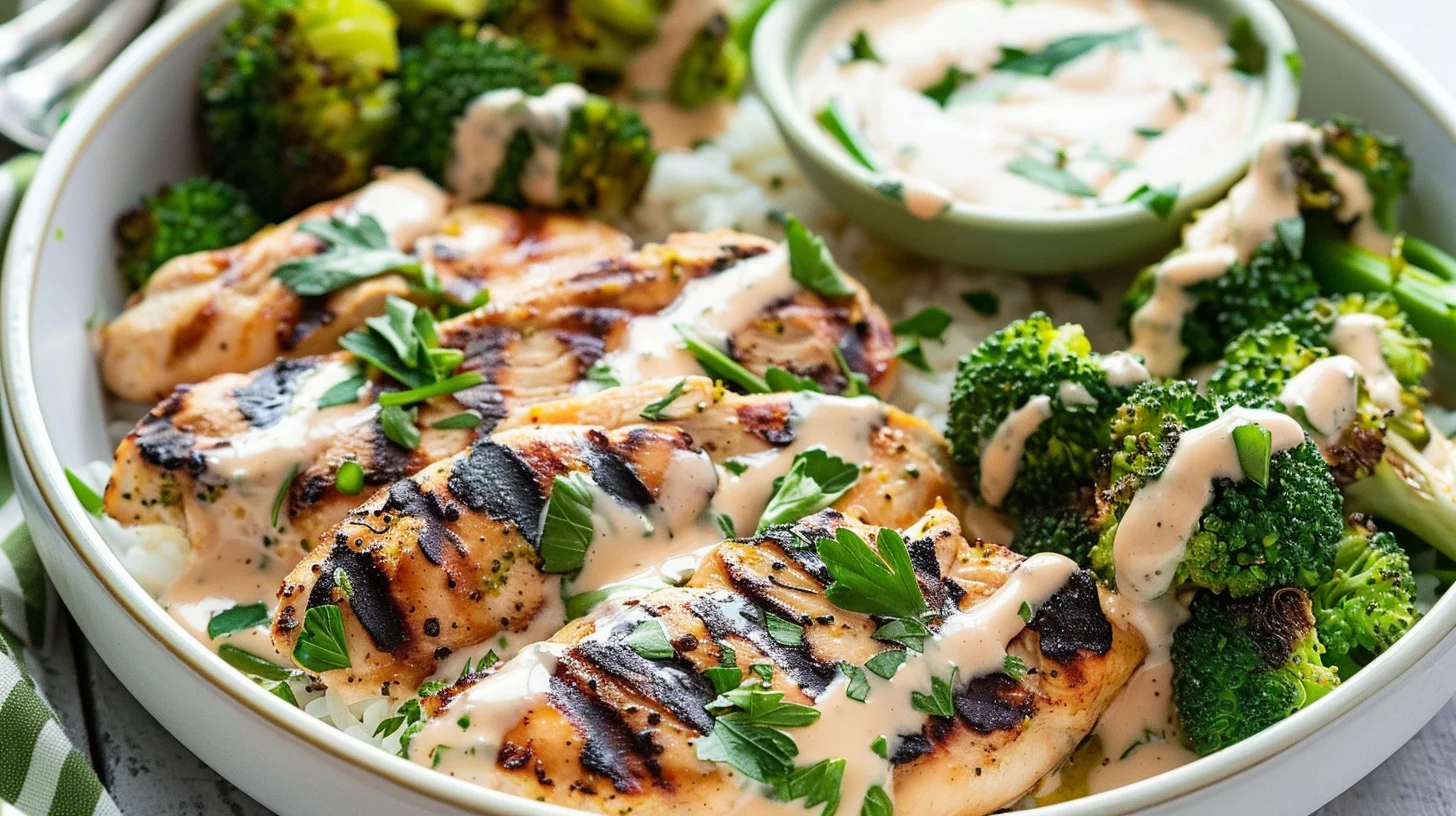 Grilled Chicken and Broccoli Bowls With Creamy Garlic Sauce