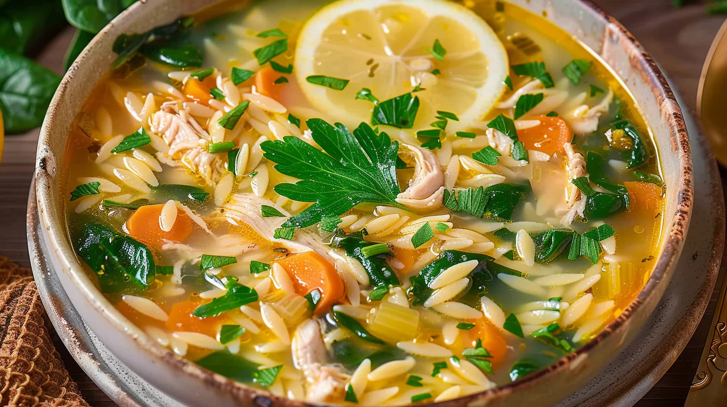 Lemon Chicken Orzo Soup With Spinach