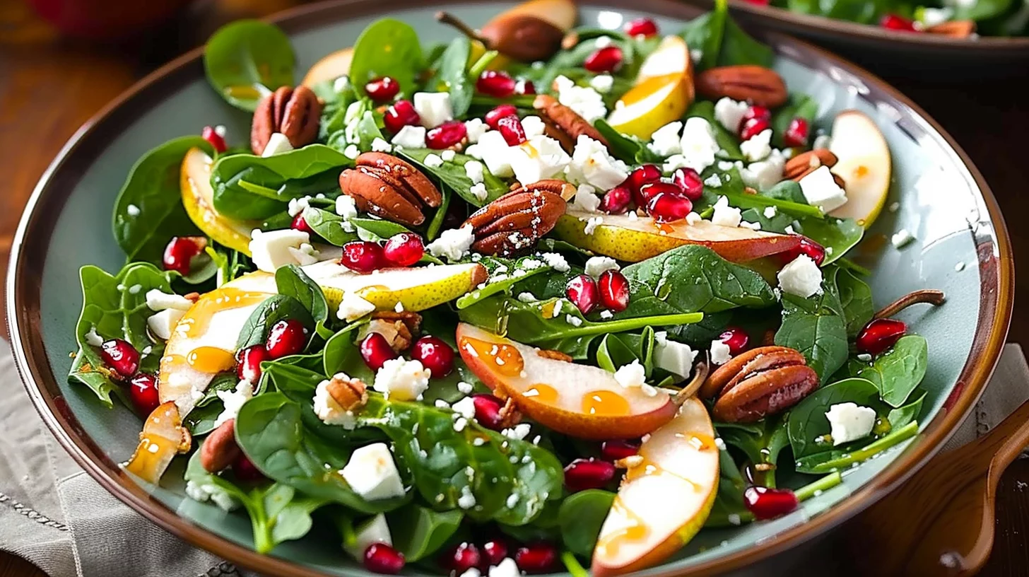Pear Spinach Salad With Pecans Cranberries Feta and Pomegranate