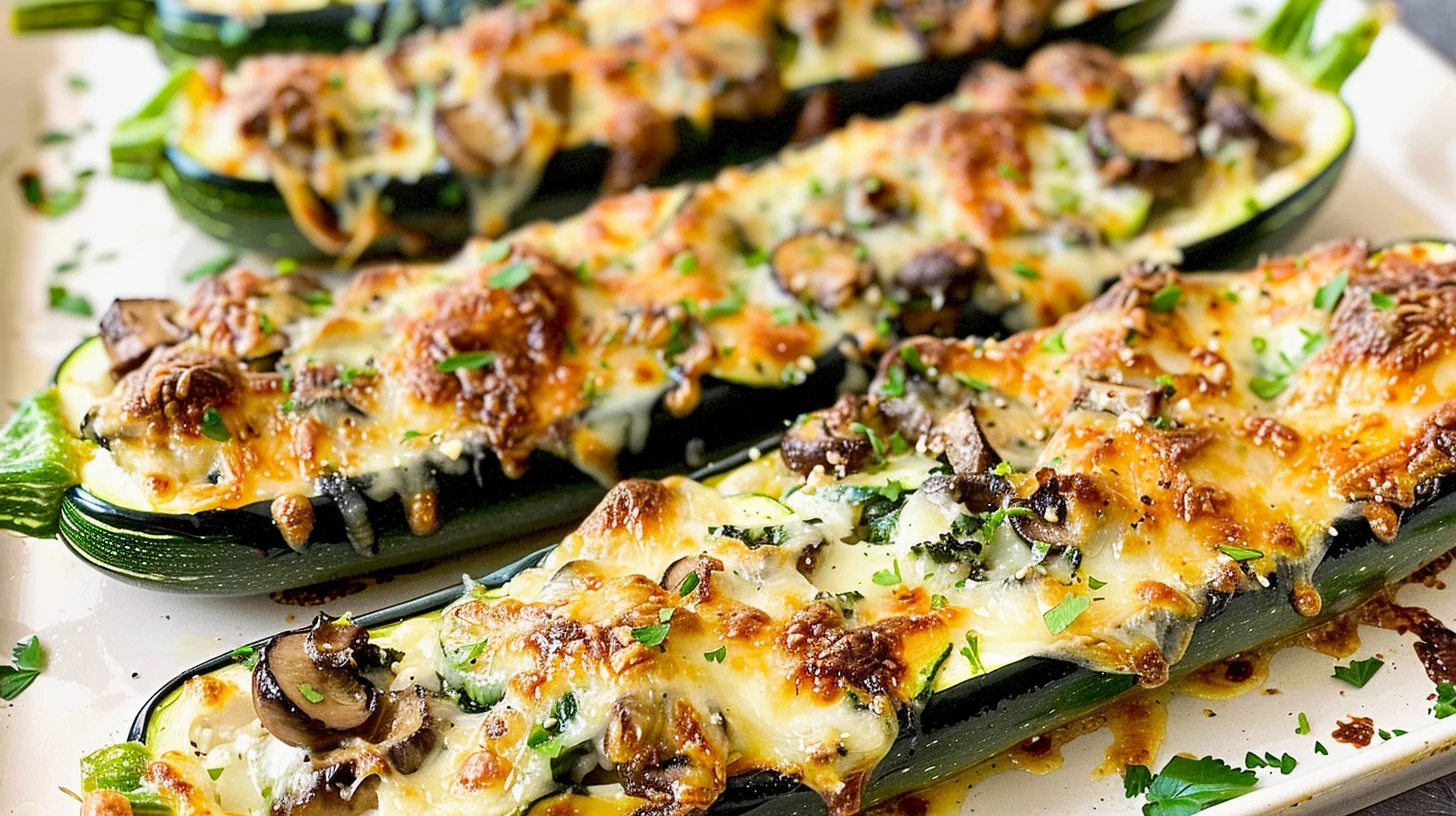 Santorini Zucchini Boats With Spinach Herbed Feta and Mushrooms