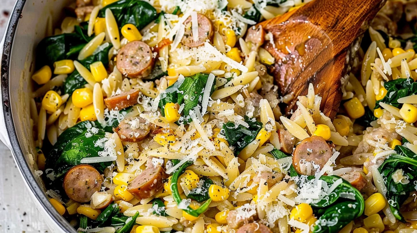 Sausage Corn and Spinach Orzo