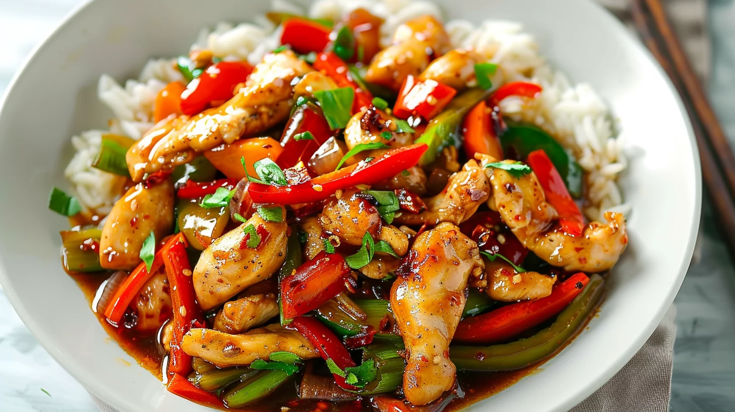 Spicy Pepper Chicken Stir-fry With Steamed Rice