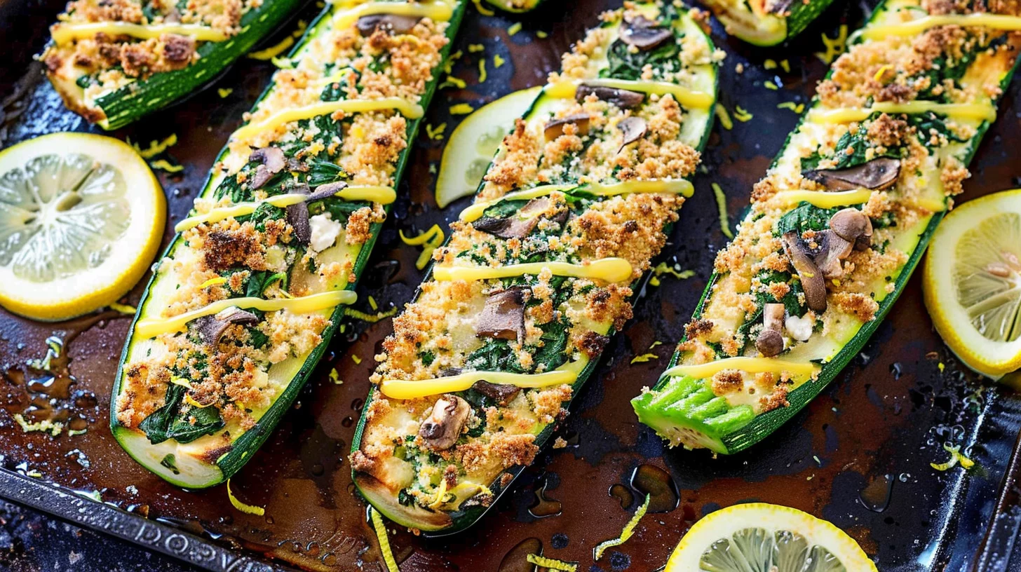 Spinach Mushroom and Ricotta Stuffed Zucchini Boats With Lemon Herb Drizzle