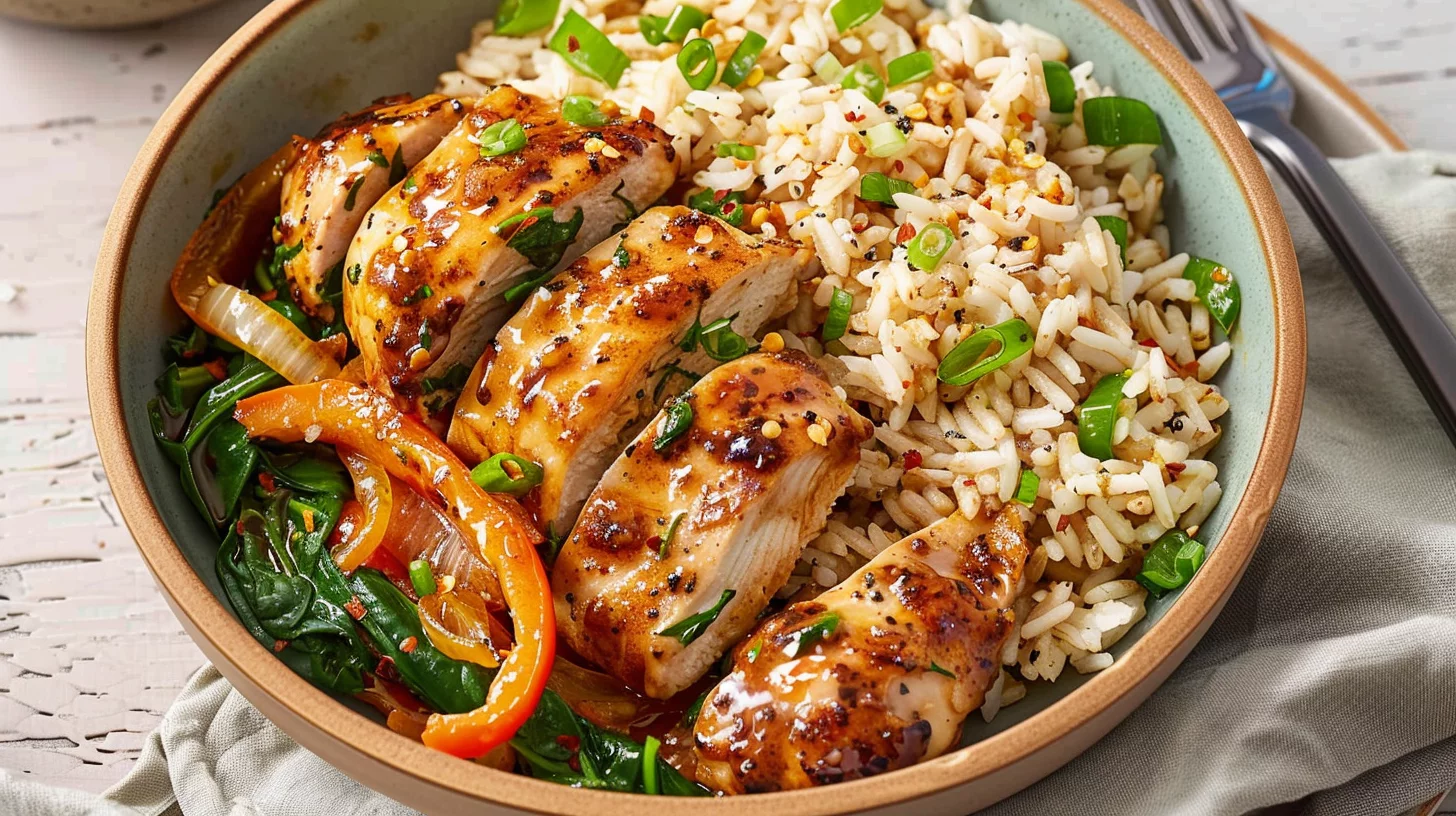Sweet and Spicy Glazed Chicken Bowl With Garlic Spinach Peppers and Rice