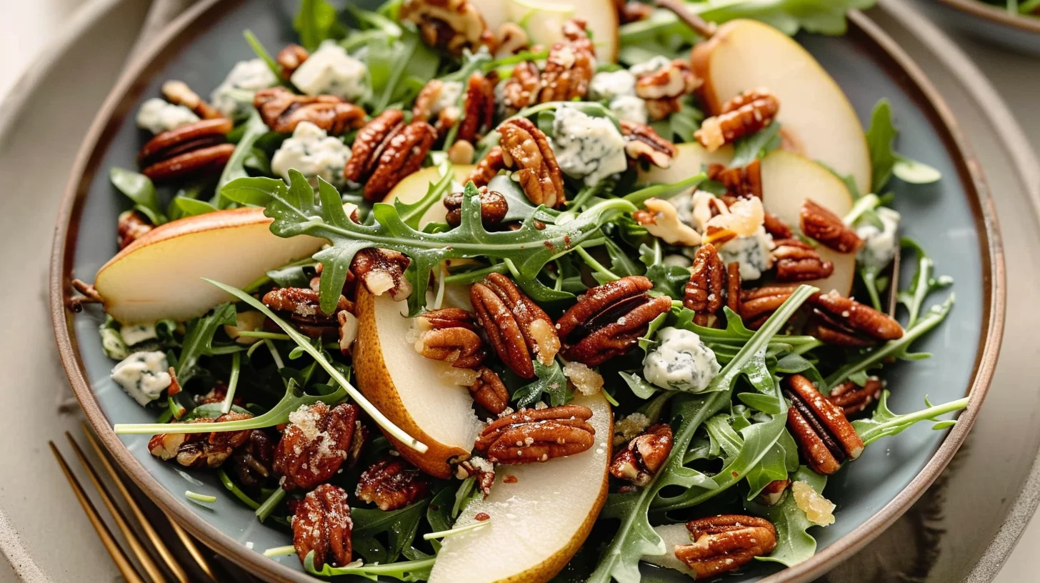 Sweet Pear and Arugula Salad With Candied Pecans and Creamy Gorgonzola
