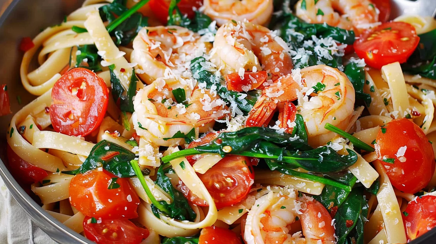 Shrimp Tomato Spinach Pasta In Garlic Butter Sauce