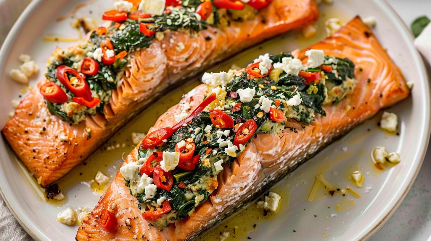 Baked Stuffed Salmon With Spinach and Feta