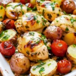 Cheesy Garlic Chicken With Roasted Potatoes and Cherry Tomatoes