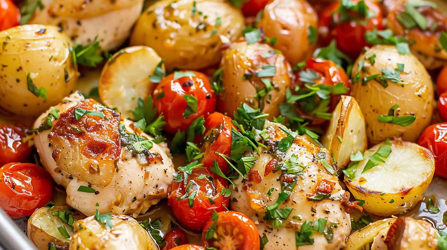 Cheesy Garlic Chicken With Roasted Potatoes and Cherry Tomatoes