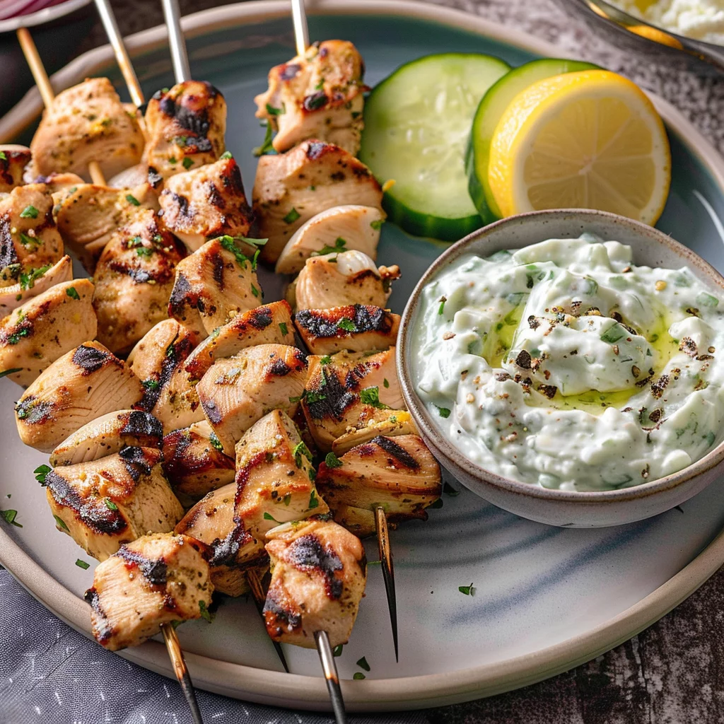 Chicken Souvlaki With Tzatziki and Ladolemono Dressing