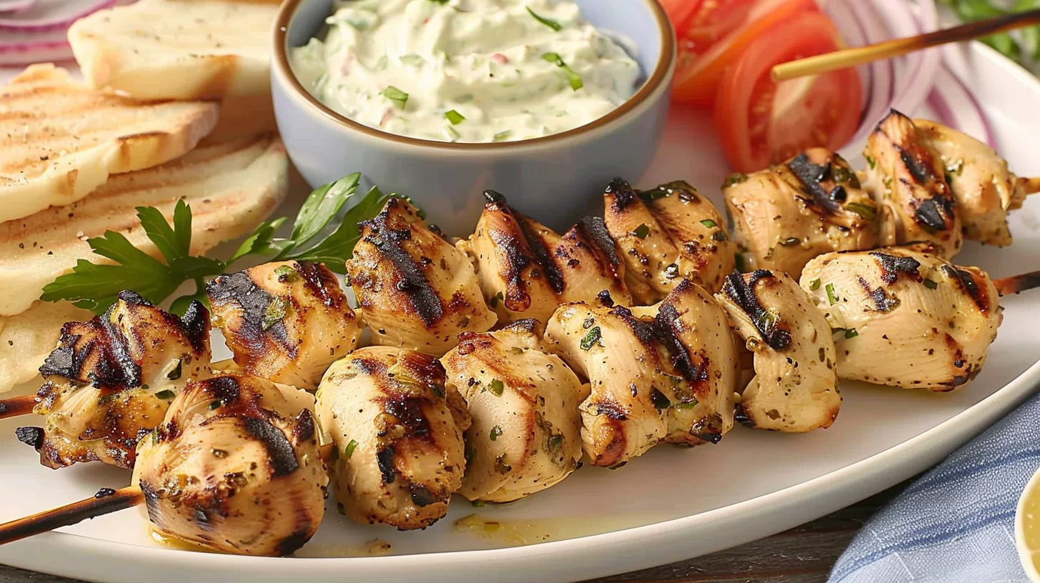 Chicken Souvlaki With Tzatziki and Ladolemono Dressing