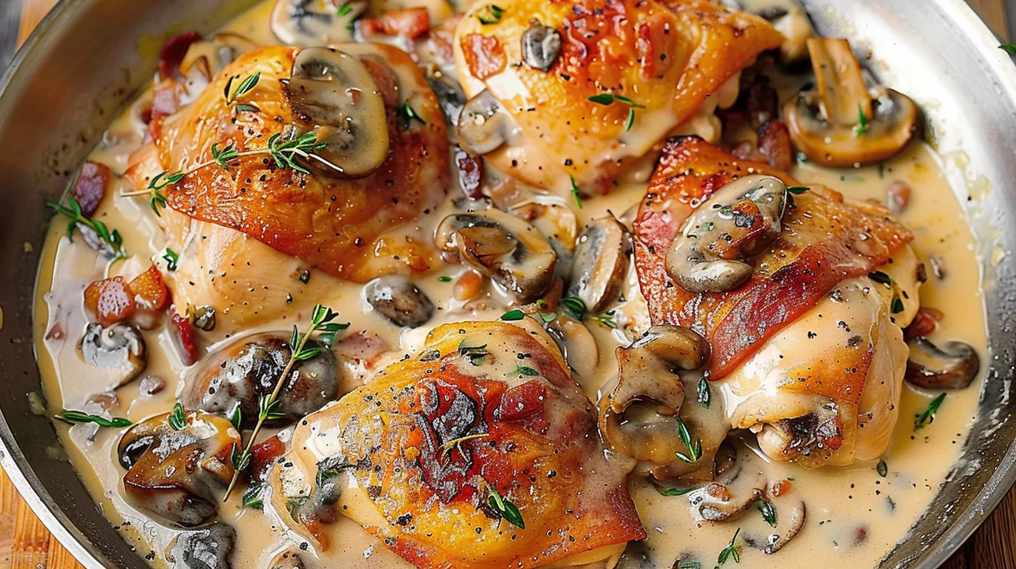 Chicken Thighs With Creamy Bacon Mushroom Thyme Sauce