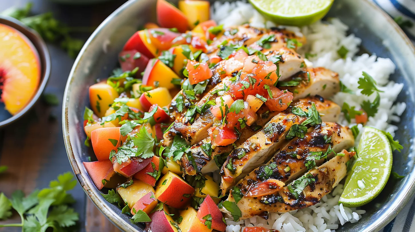Cilantro Lime Chicken Bowls With Peach Salsa and Rice