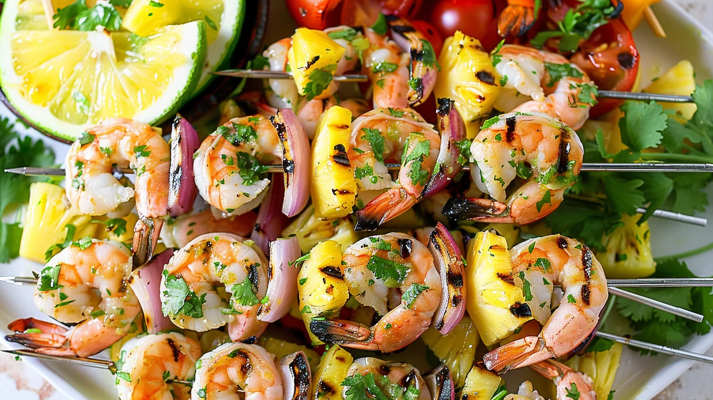 Cilantro Lime Shrimp and Veggie Pineapple Skewers