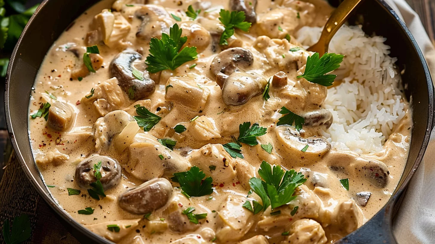 Creamy Chicken Mushroom Stroganoff With Rice