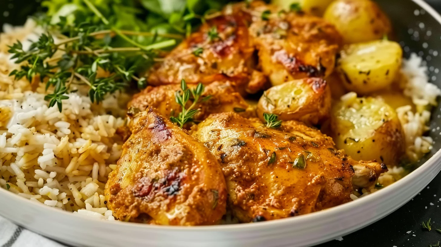 Creamy Paprika Chicken With Garlic Butter Potatoes and Fluffy Rice