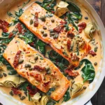 Creamy Tuscan Salmon With Garlic Spinach Artichokes Sun Dried Tomatoes and Capers