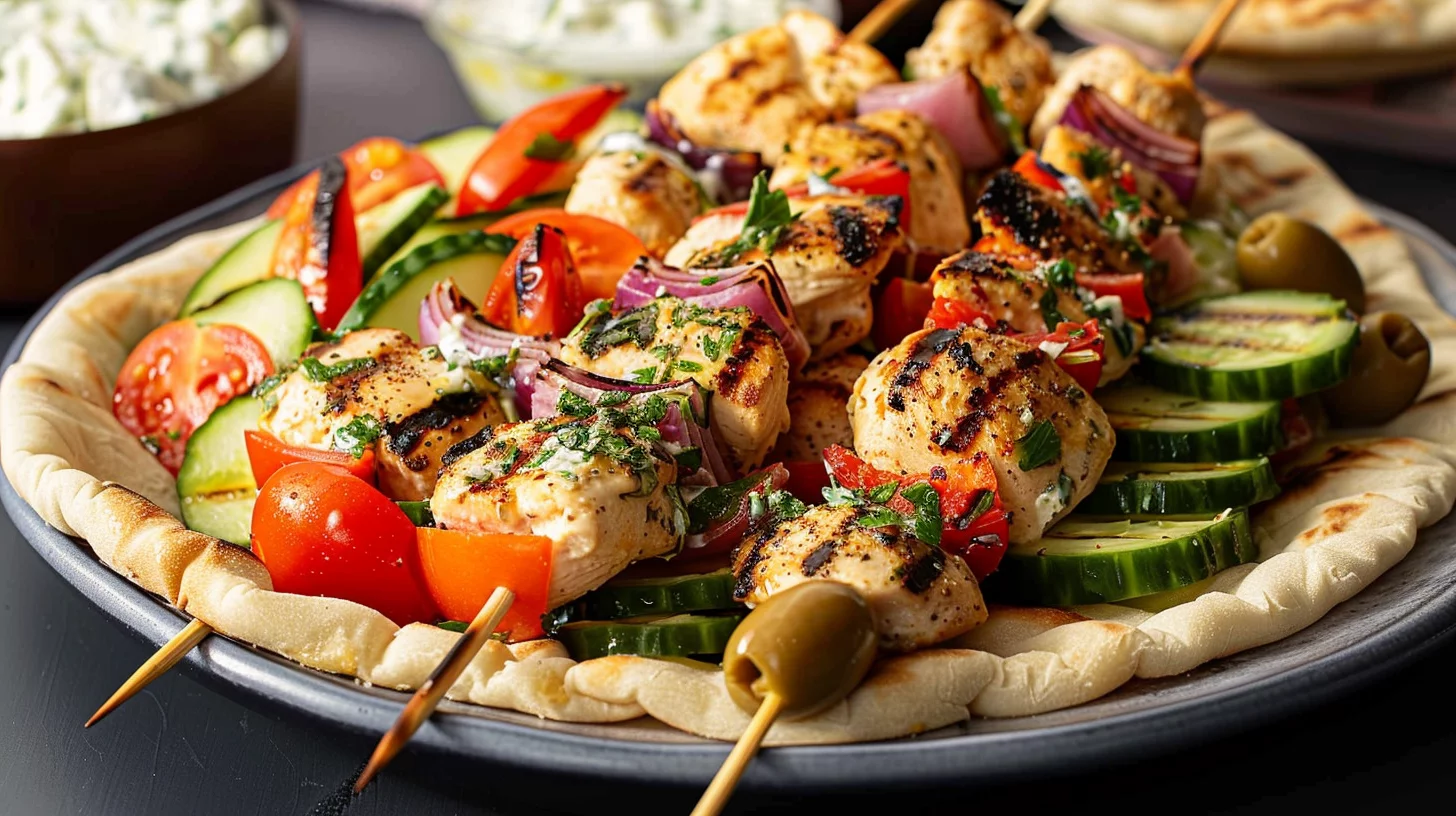 Grilled Greek Chicken Souvlaki Salad With Tzatziki and Herbs