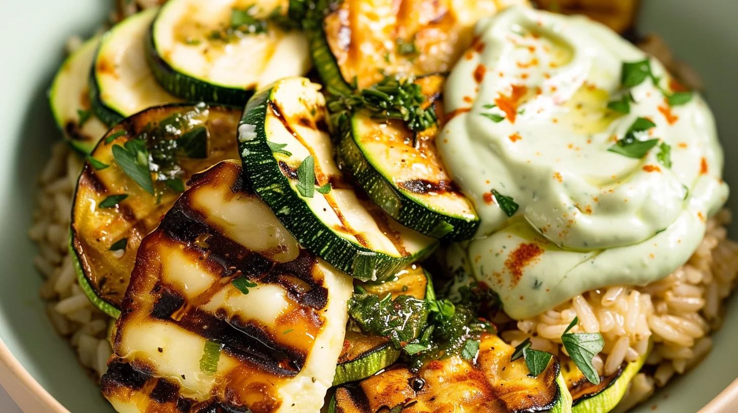 Grilled Halloumi Rice Bowl With Zucchini and Herb Yogurt