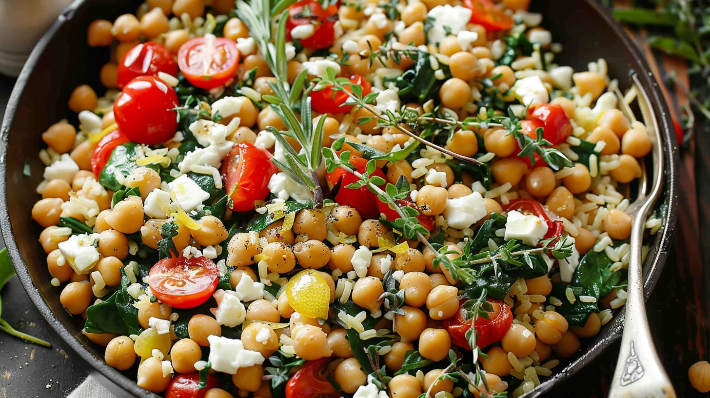 Mediterranean Lemon Rice With Chickpeas Spinach Tomatoes and Feta