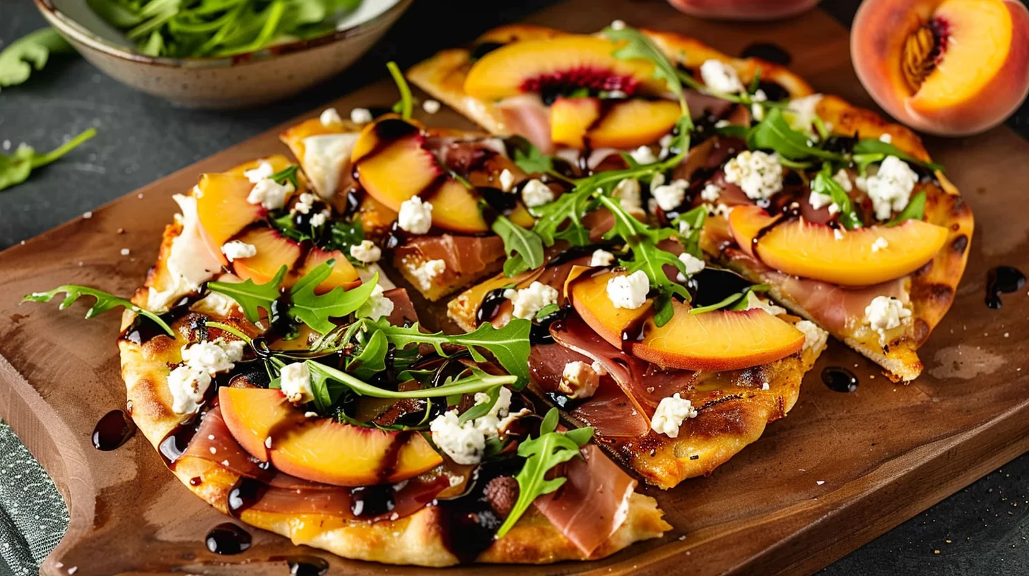 Peach Flatbread With Goat Cheese Arugula Prosciutto and Balsamic Glaze