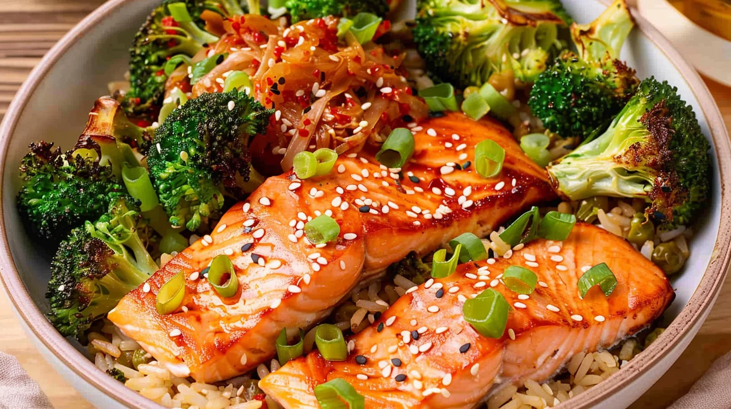 Roasted Salmon and Broccoli Rice Bowl With Kimchi