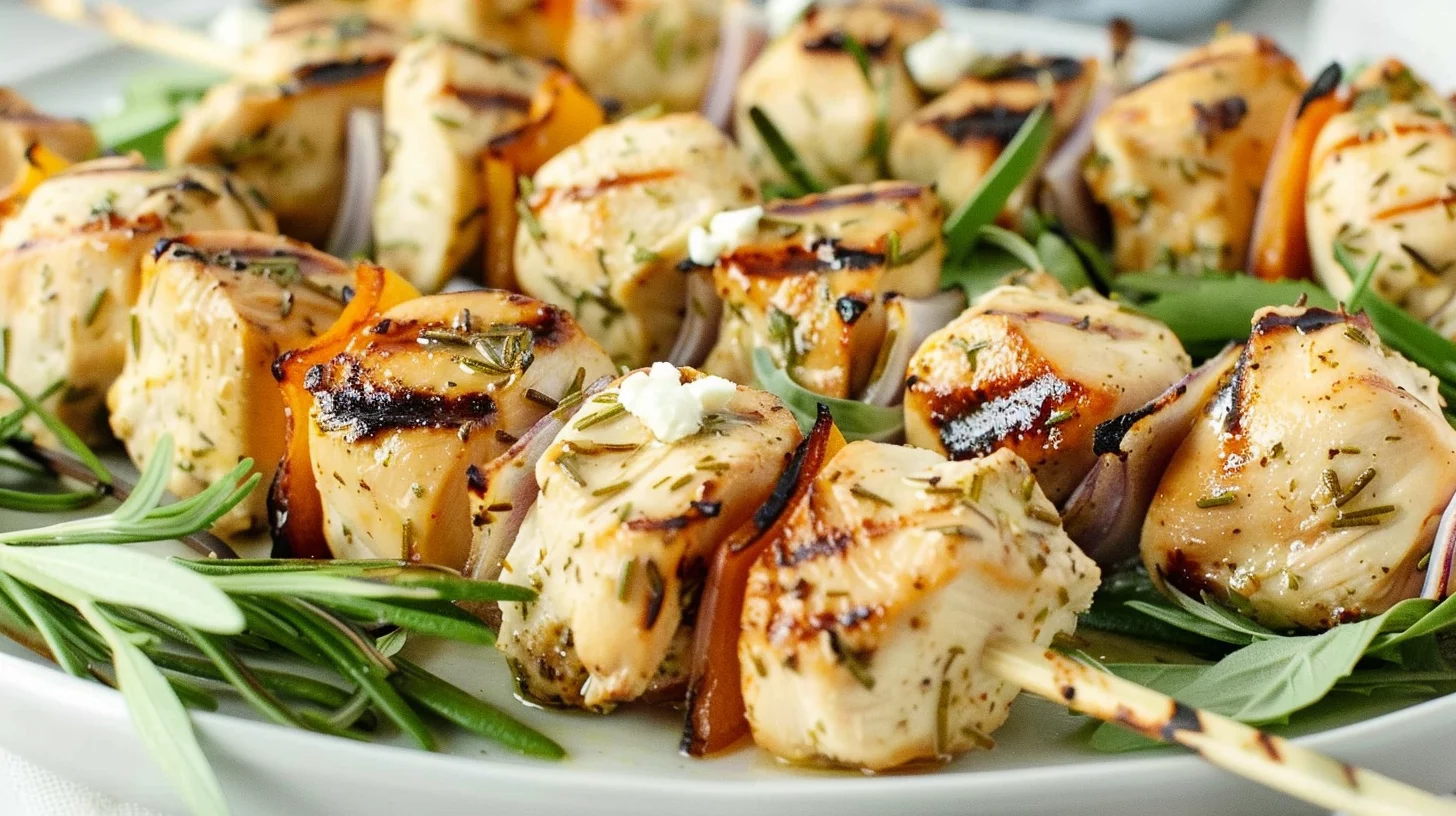 Rosemary Ranch Chicken Kabobs With Feta and Greens
