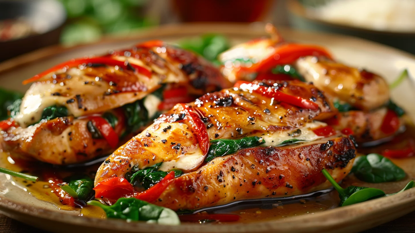 Savory Stuffed Chicken With Roasted Red Peppers Spinach and Mozzarella