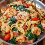 Shrimp Tomato Spinach Pasta In Garlic Butter Sauce
