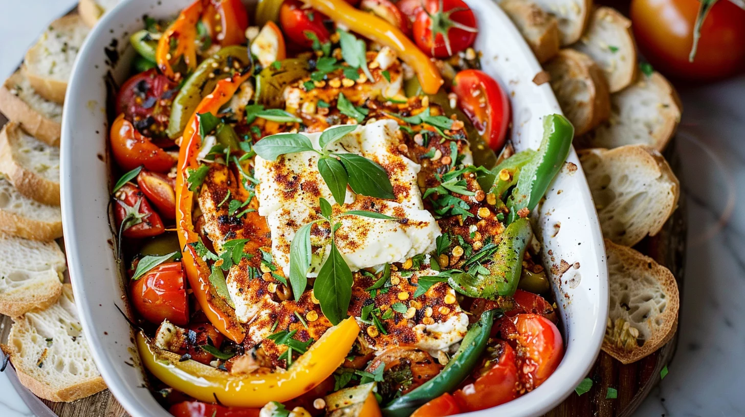 Spicy Baked Feta With Tomatoes Peppers and Herbs
