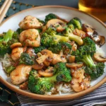 Super Savory Garlic Chicken With Broccoli and Mushrooms Over Rice
