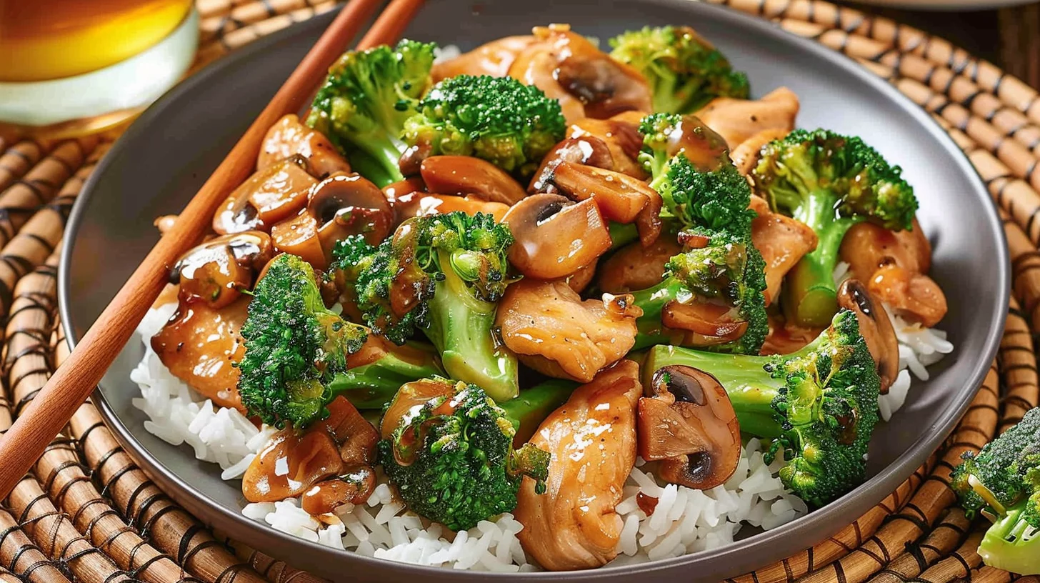 Super Savory Garlic Chicken With Broccoli and Mushrooms Over Rice