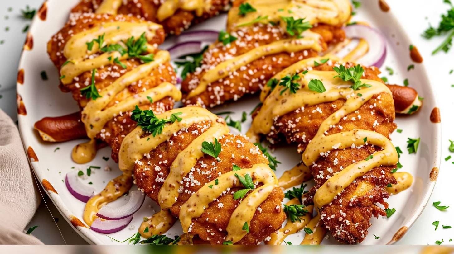 Pretzel Chicken With Mustard Cheddar Sauce