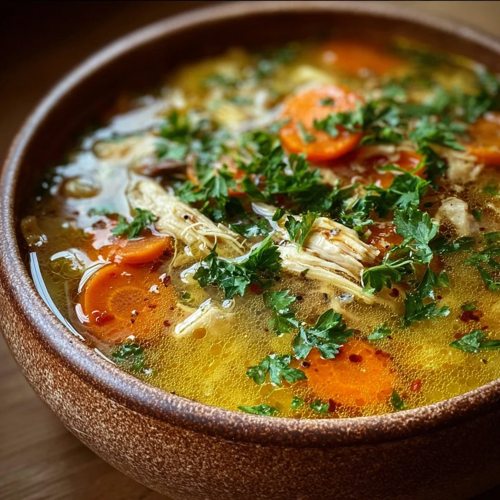 Bowl of anti-inflammatory chicken soup with fresh herbs and vegetables