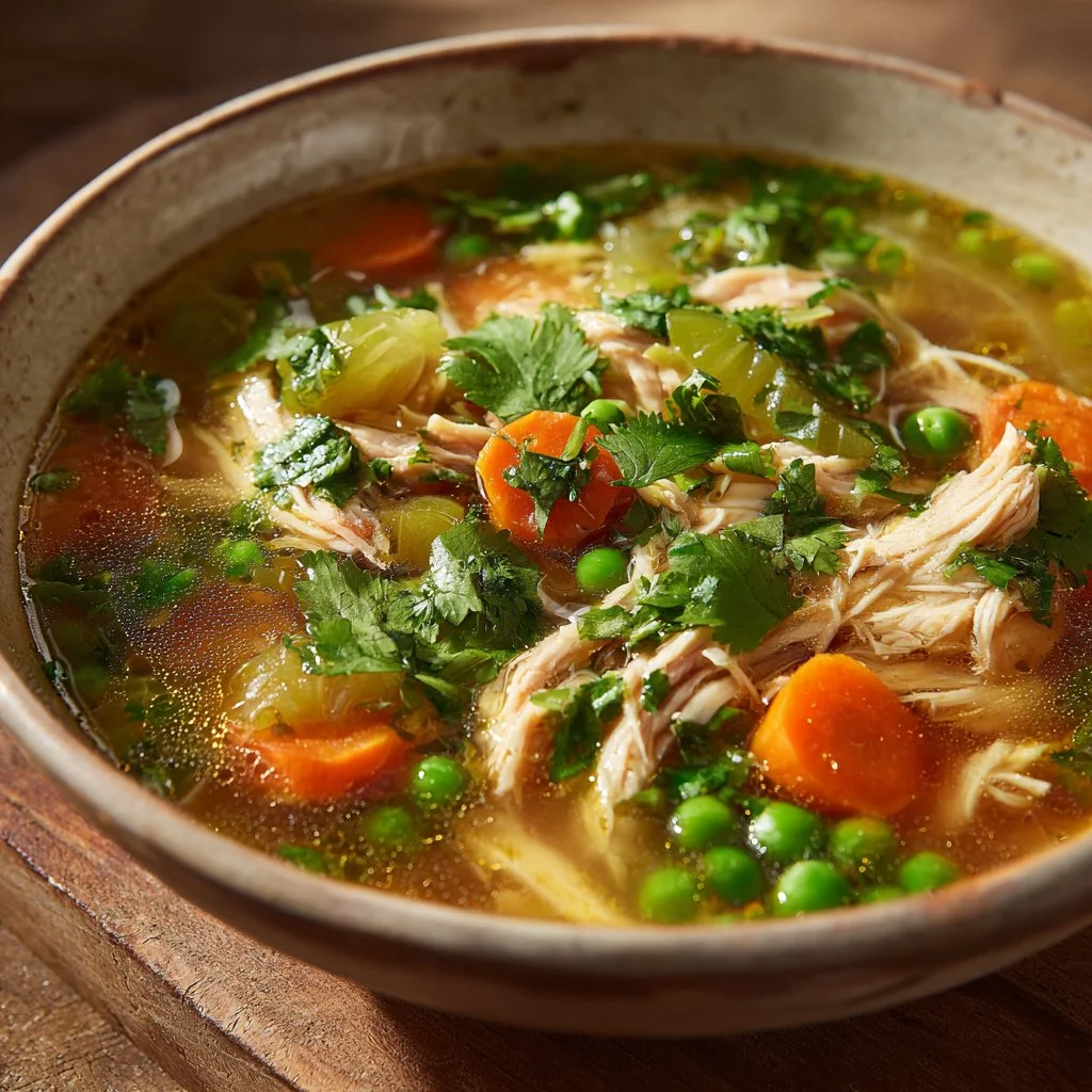 Bowl of anti-inflammatory chicken soup with fresh herbs and vegetables