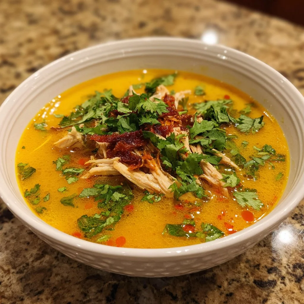 Bowl of anti-inflammatory turmeric chicken soup rich in flavor and nutrients
