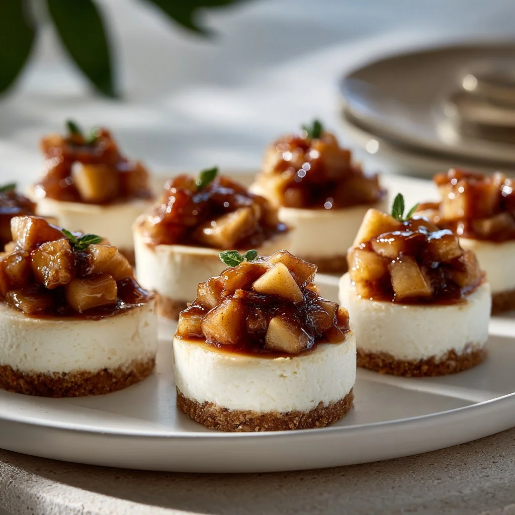 Mini cheesecakes topped with apple crisp for a delicious dessert experience.