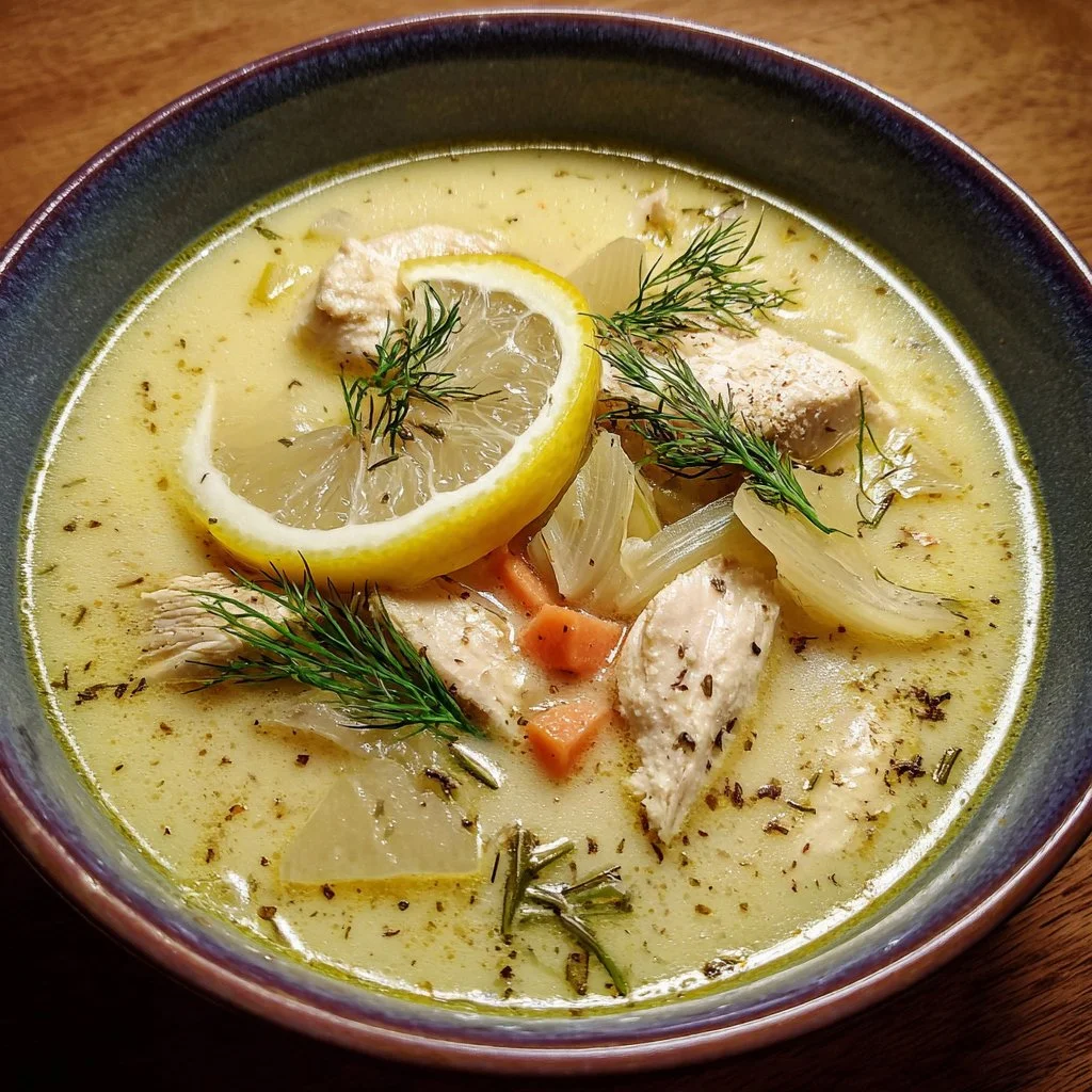 Bowl of Avgolemono, traditional Greek lemon chicken soup topped with herbs.