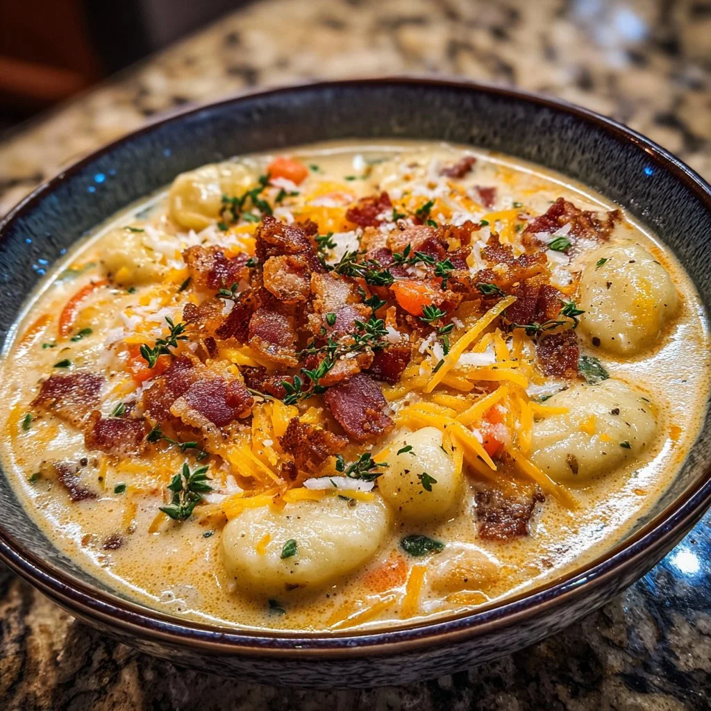 Bacon Cheddar Gnocchi Soup served in a bowl with fresh herbs.