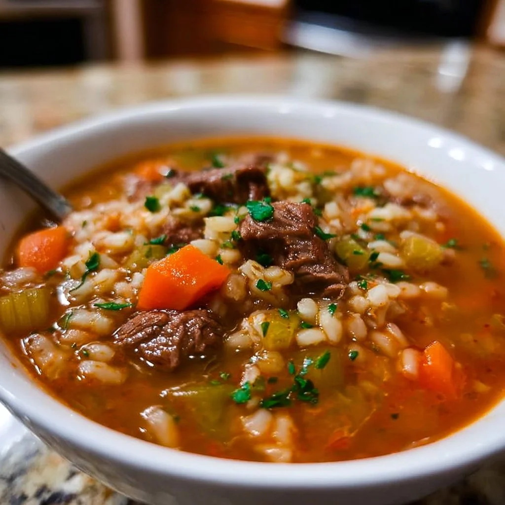Delicious Beef Barley Soup filled with tender beef, barley, and vegetables.