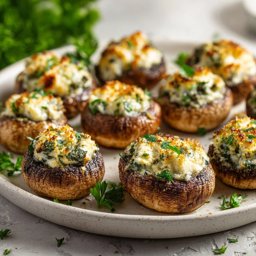 Deliciously baked Christmas stuffed mushrooms with herbs and cheese