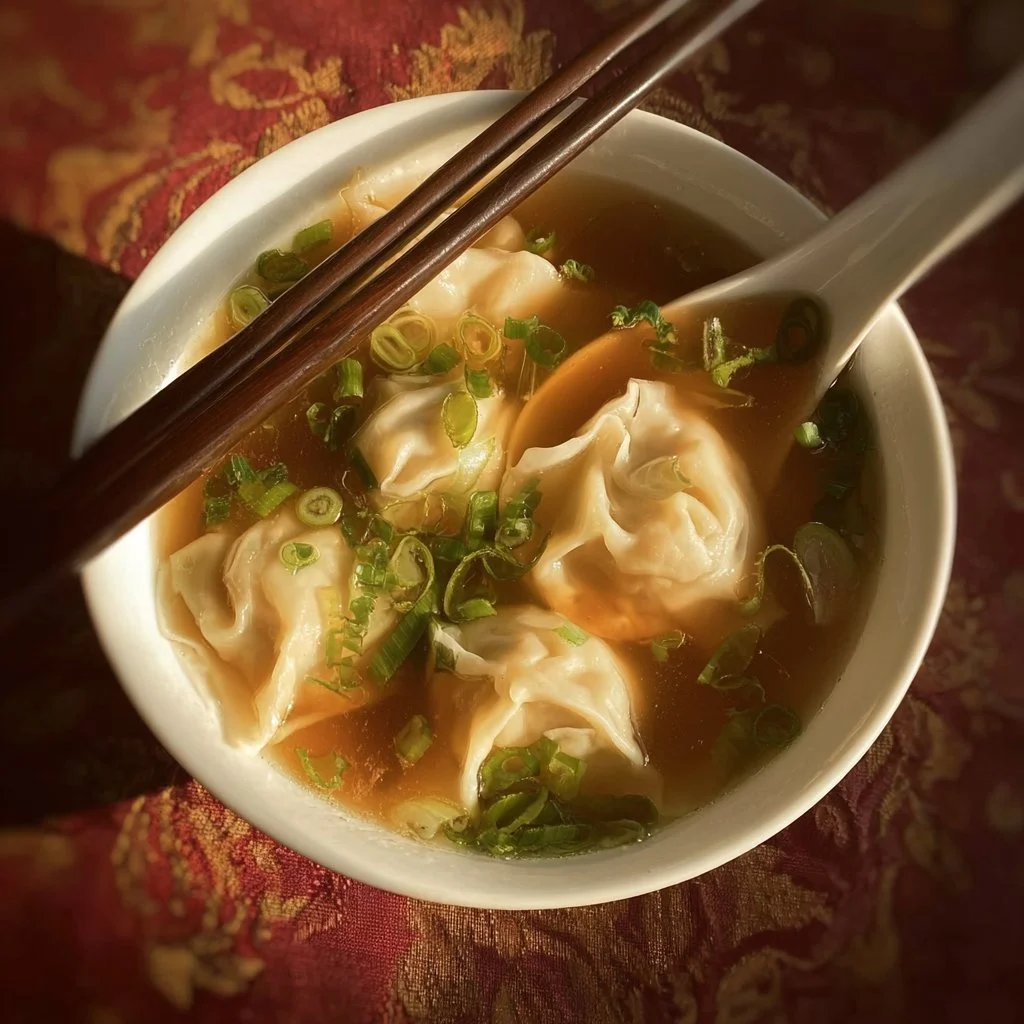 Delicious bowl of best ever wonton soup with flavorful broth and dumplings