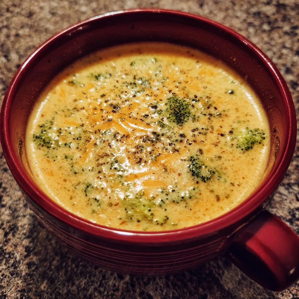 Bowl of creamy broccoli cheddar soup garnished with cheddar cheese and broccoli florets