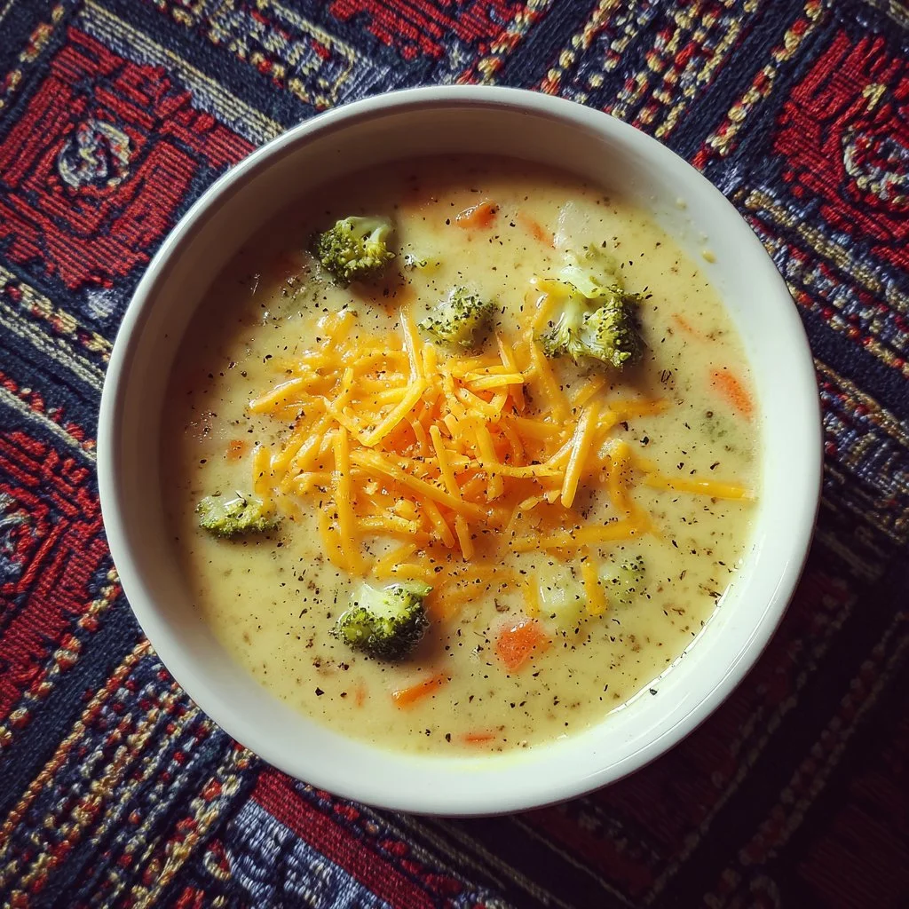 Bowl of creamy broccoli potato cheese soup with fresh herbs on top