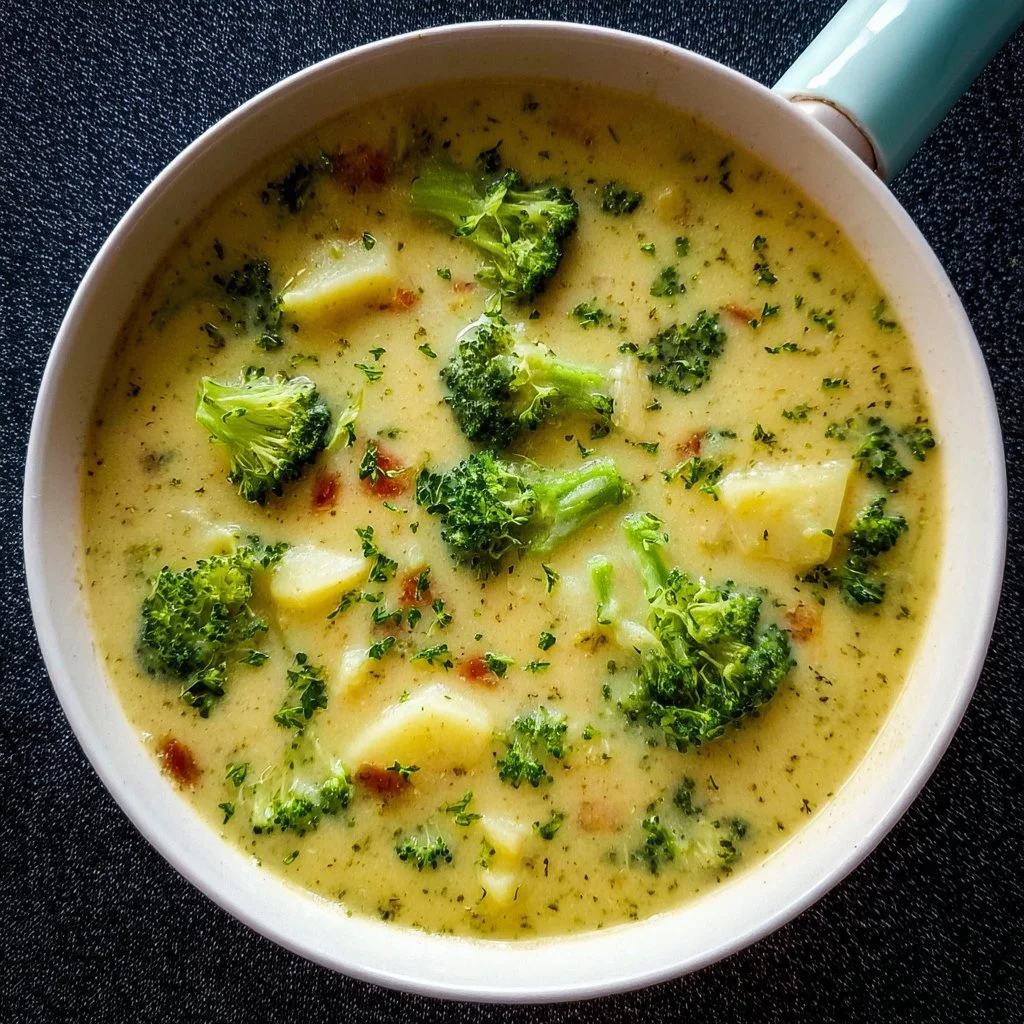 Bowl of creamy Broccoli Potato Soup garnished with fresh herbs