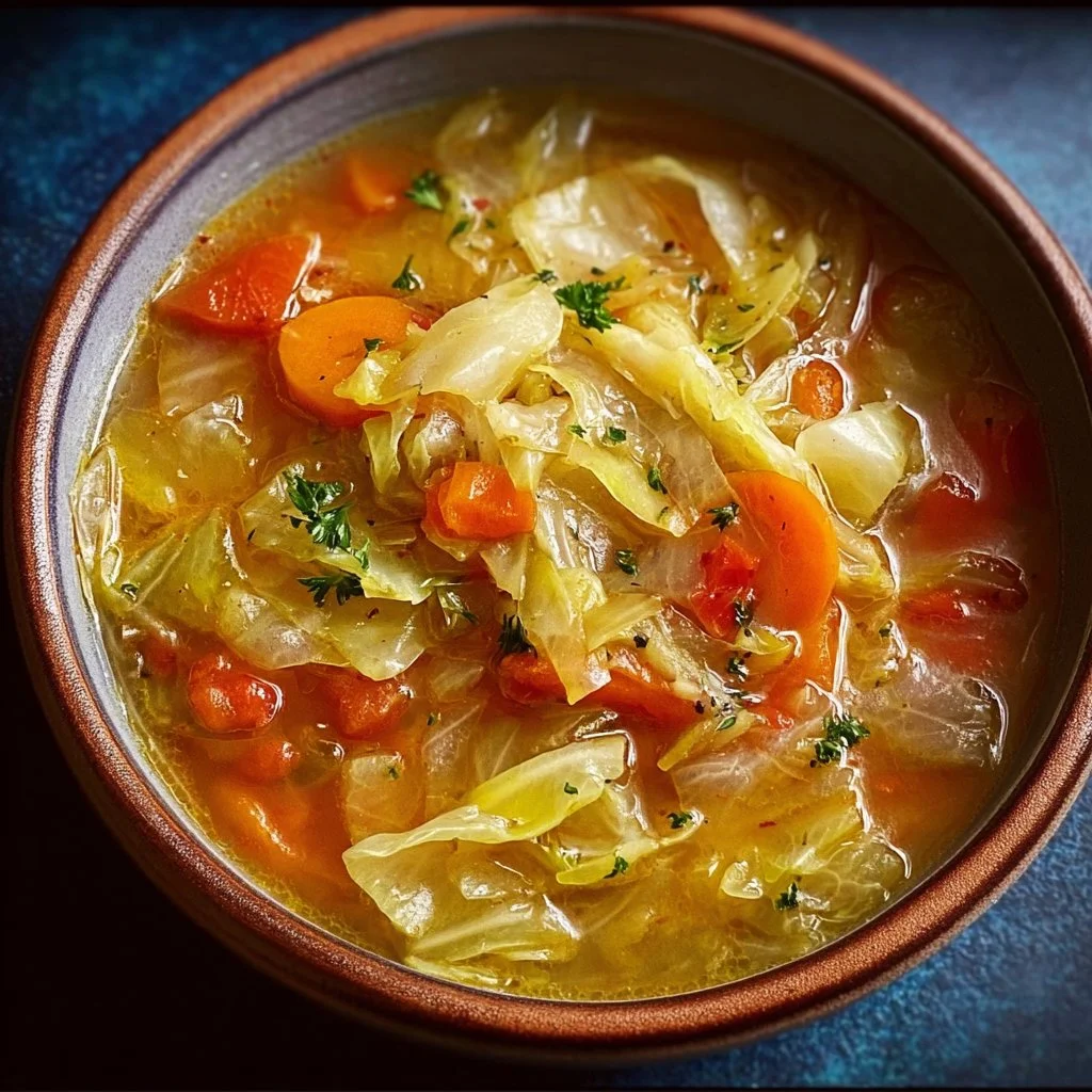 Bowl of nutritious cabbage soup for weight loss and healthy eating.